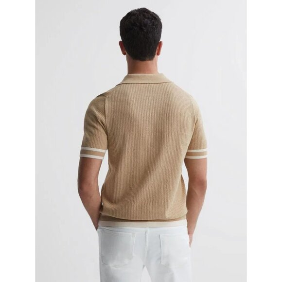 REISS x CHÉ Quinn Tan 100% Cotton Pointelle Knit Short Sleeve Polo Shirt, Size S - Picture 3 of 16